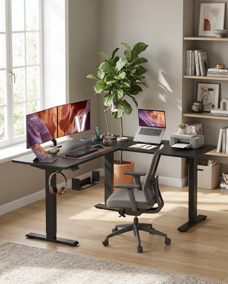 Zit Sta Hoekbureau Elektrisch – L-Vormig 160 x 140 cm – In Hoogte Verstelbaar – Stopcontacten & USB – Kabelbeheer