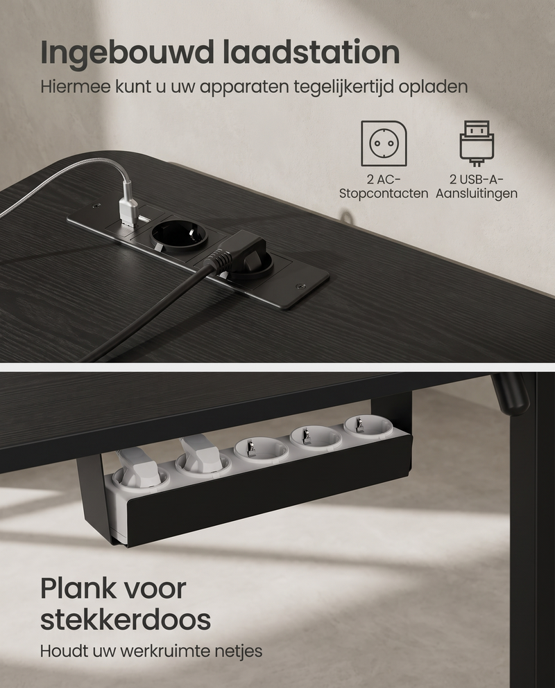 Zit Sta Hoekbureau Elektrisch – L-Vormig 160 x 140 cm – In Hoogte Verstelbaar – Stopcontacten & USB – Kabelbeheer