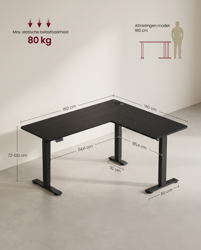 Zit Sta Hoekbureau Elektrisch – L-Vormig 160 x 140 cm – In Hoogte Verstelbaar – Stopcontacten & USB – Kabelbeheer