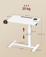 Bijzettafel Verstelbaar met Wielen – Hoogte 65-102 cm – Wit – Multifunctioneel