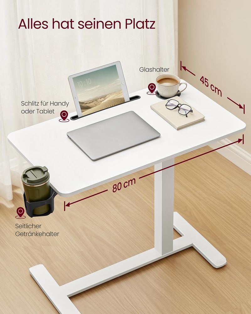 Bijzettafel Verstelbaar met Wielen – Hoogte 65-102 cm – Wit – Multifunctioneel