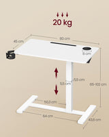 Bijzettafel Verstelbaar met Wielen – Hoogte 65-102 cm – Wit – Multifunctioneel